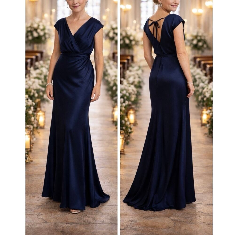 Dessy Collection 3050 Navy Cap Sleeve Faux Wrap Satin Formal Gown Sz 4